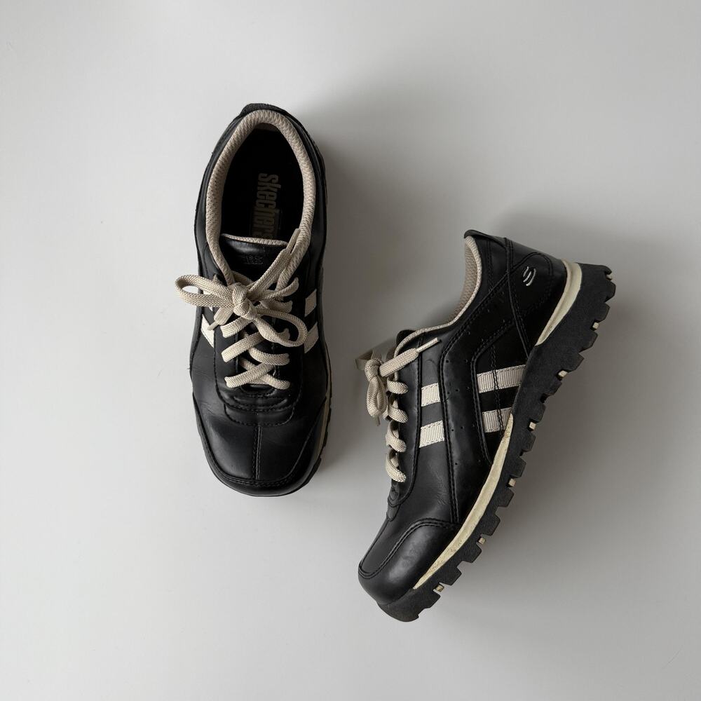 Skechers Sneaker Shoes Womens Size 7 Black Leather Lace Up Walking Comfort